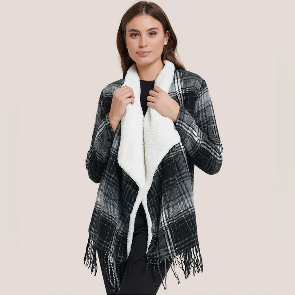 Hollister Faux Shearling Open Cardigan Jacket Fringe Plaid Blue Gray NWT Winter